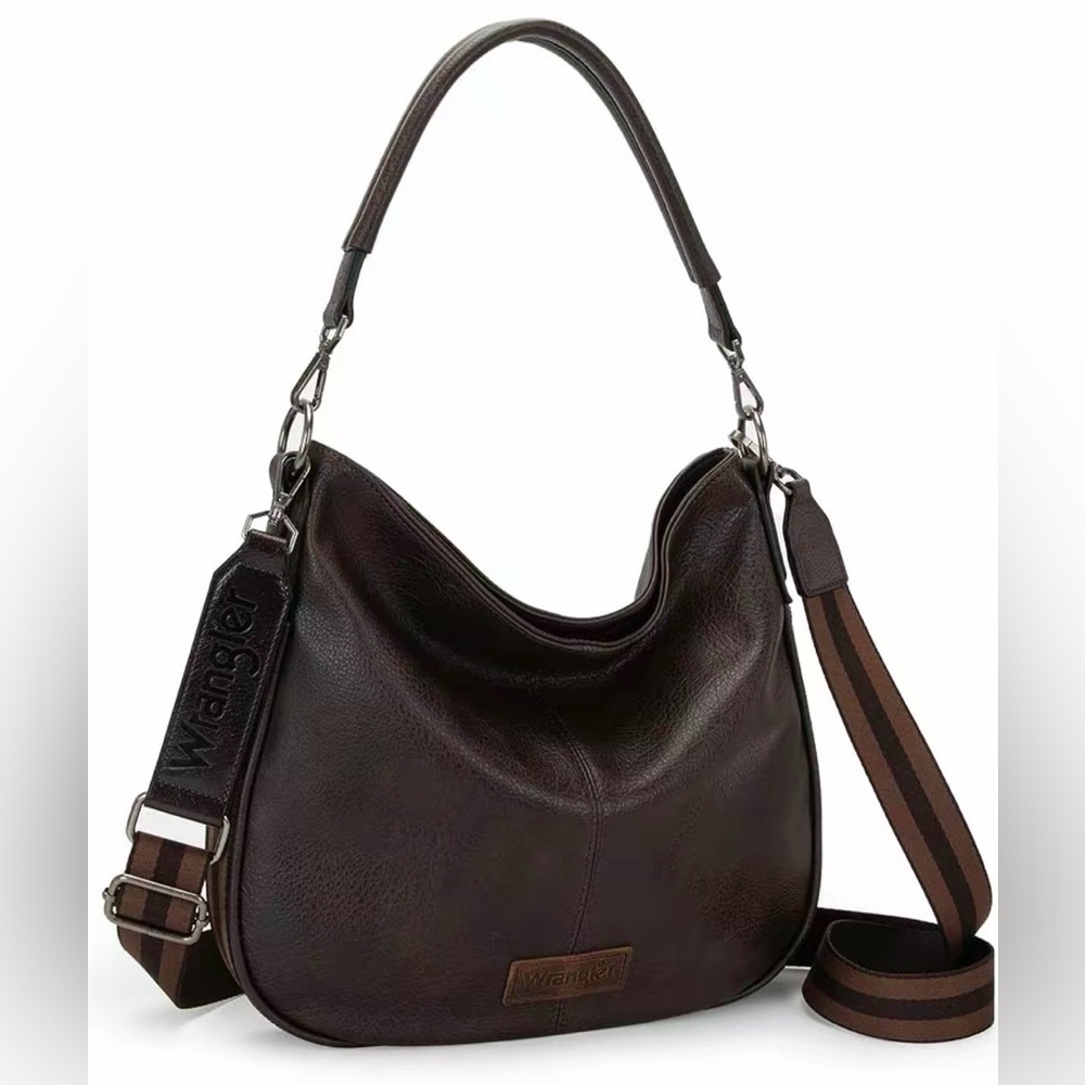 Wrangler Chocolate Brown Leather Hobo Bag with Striped Strap